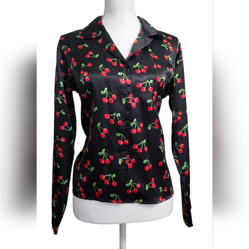 Rave Black Satin Cherry Button Down Shirt